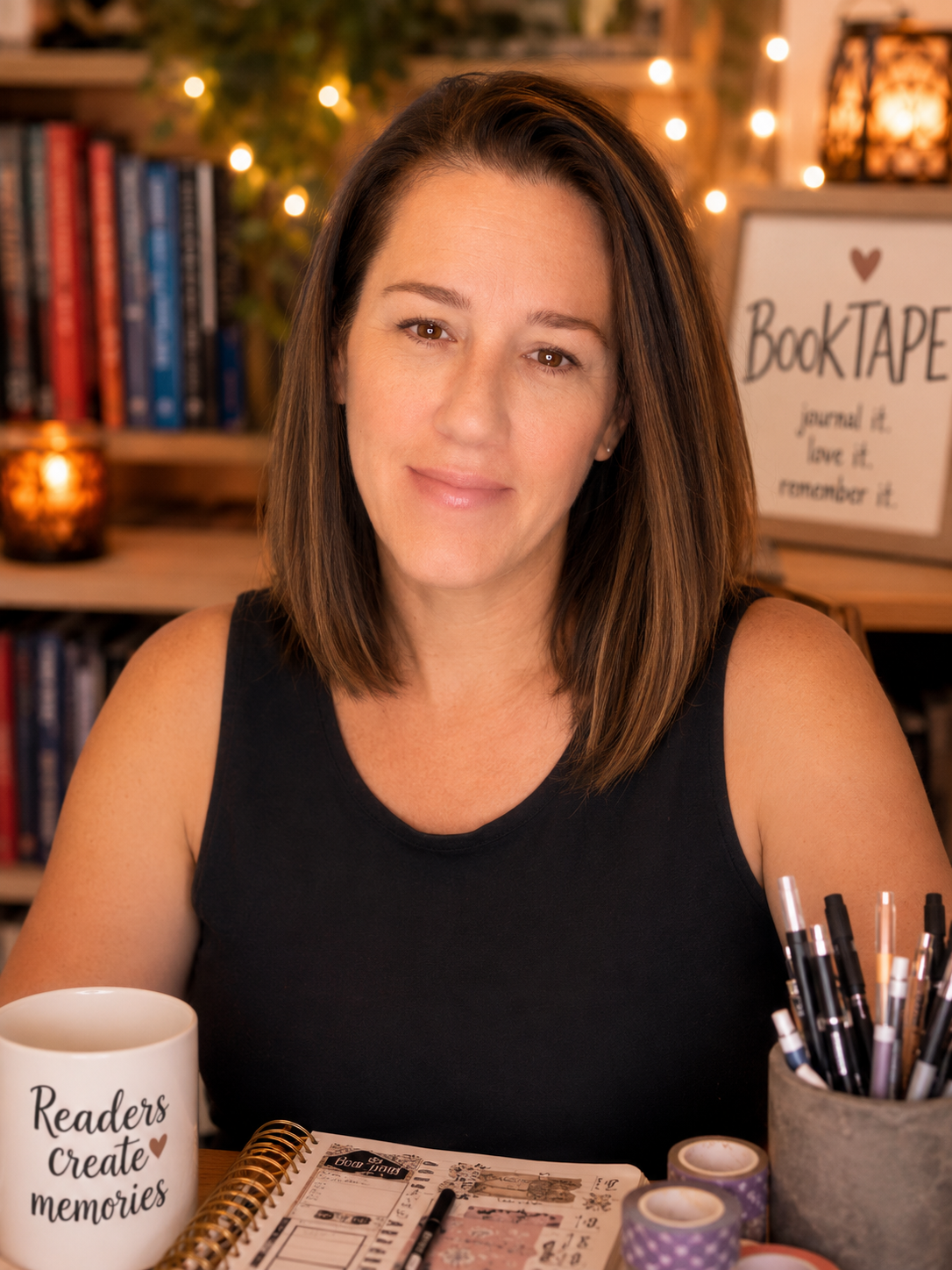 Portrait of Lynn, creator of BookTape, smiling in a cozy book-themed workspace surrounded by journals, pens, washi tape, and books. Warm string lights and a creative studio setting reflect her passion for reading, journaling, and storytelling.