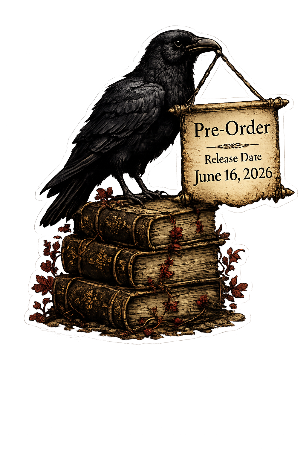 Raven perched on a stack of books holding a release announcement sign.