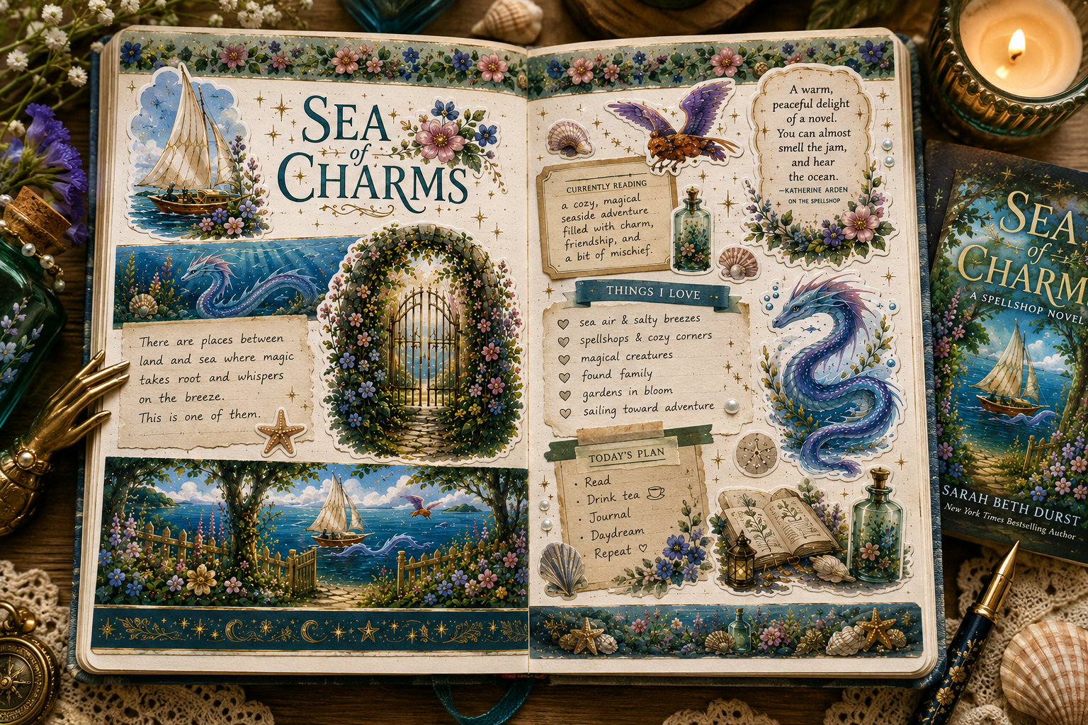 Sea of Charms book journal spread featuring ocean fantasy artwork, sea dragons, shells, and reading notes.
