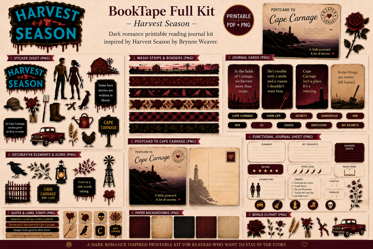 Harvest Season Full Kit printable reading journal collection featuring stickers, journaling pages, bookmarks, ephemera, quote strips, washi tape, and reading trackers inspired by Cape Carnage.