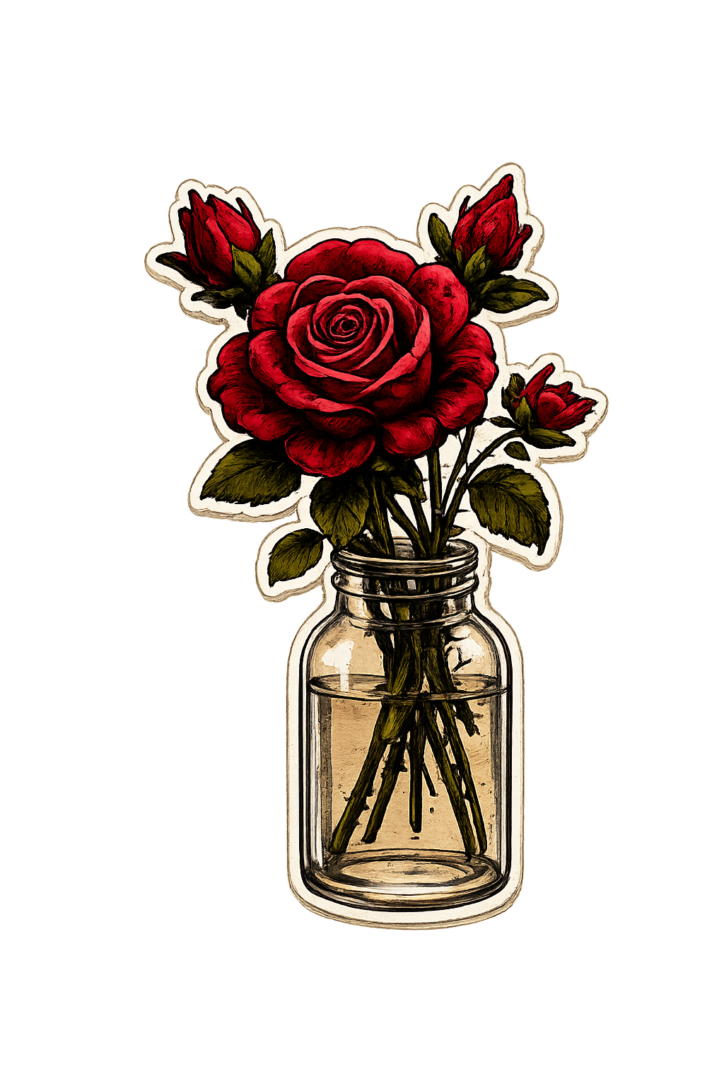 Printable vintage rose sticker in a glass jar for reading journals, scrapbooks, book journals, and book-inspired craft projects.