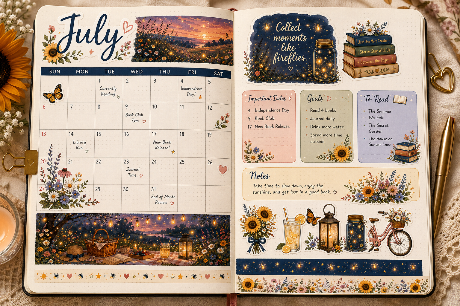 July book journal calendar spread with books, lanterns, wildflowers, and reading tracker layouts.