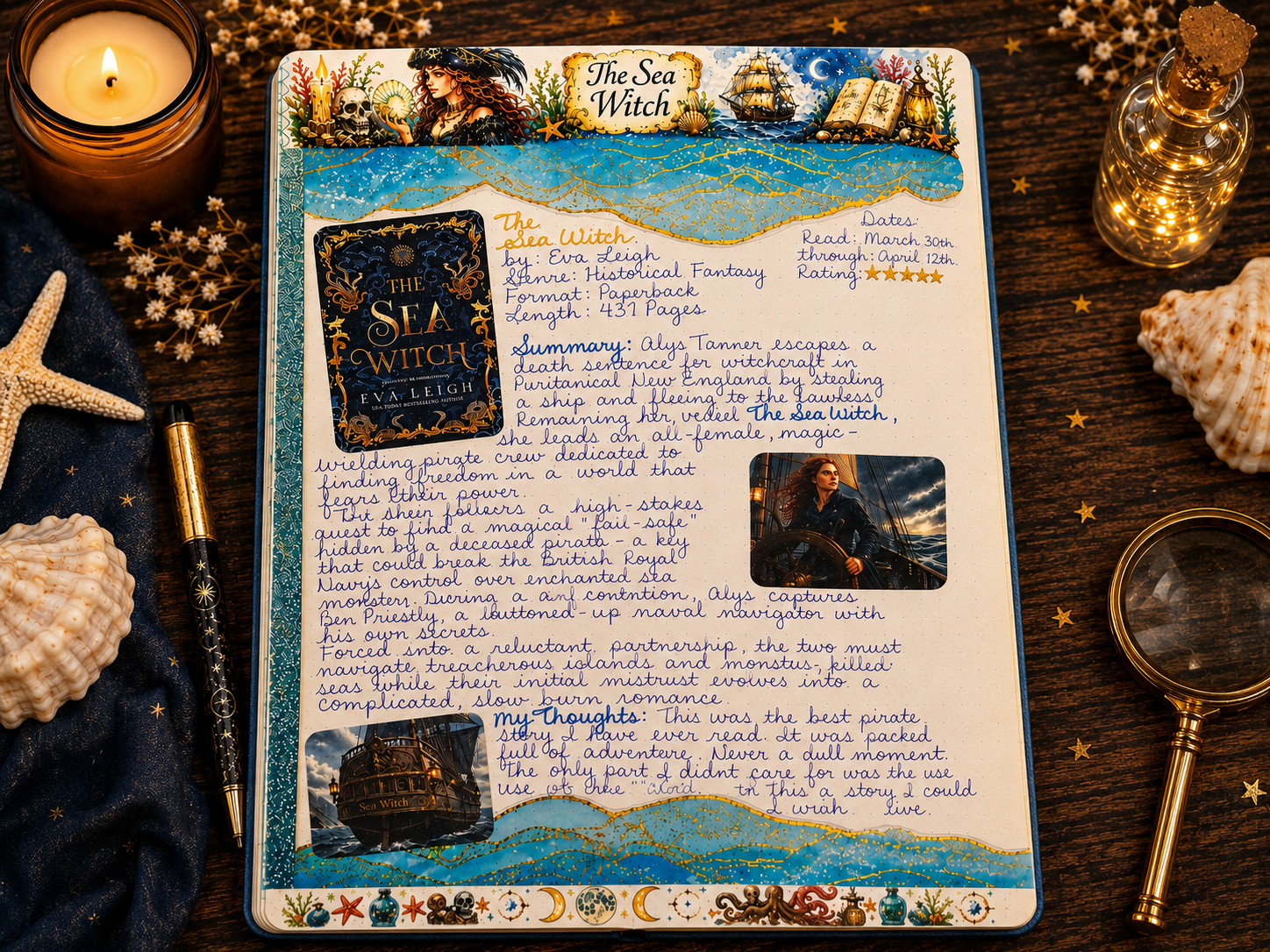 Finished Sea Witch reading journal spread with printable stickers, scrapbook journaling, candles, and coastal bookish decor.
