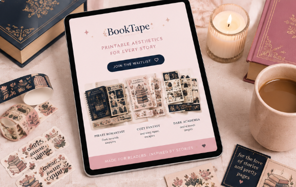 BookTape printable reading journal kit displayed on a cozy desk with books, washi tape, candles, and coffee.