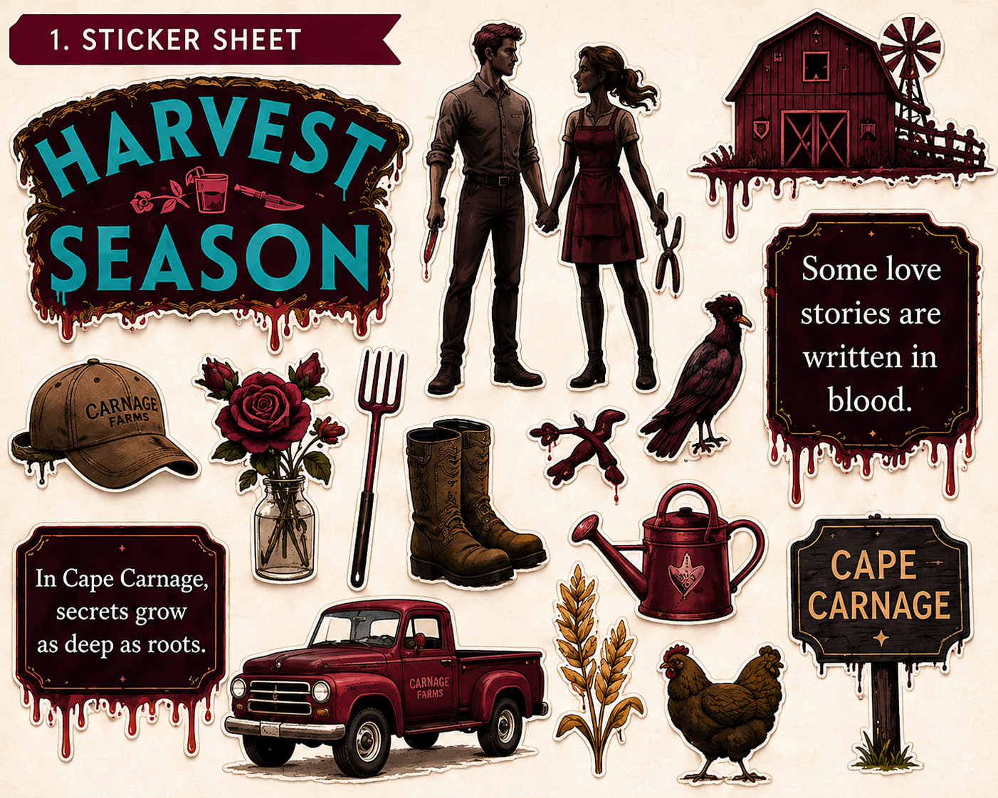 Harvest Season printable sticker sheet featuring character art, Cape Carnage signs, farm imagery, roses, truck, raven, and dark romance-themed decorative stickers.