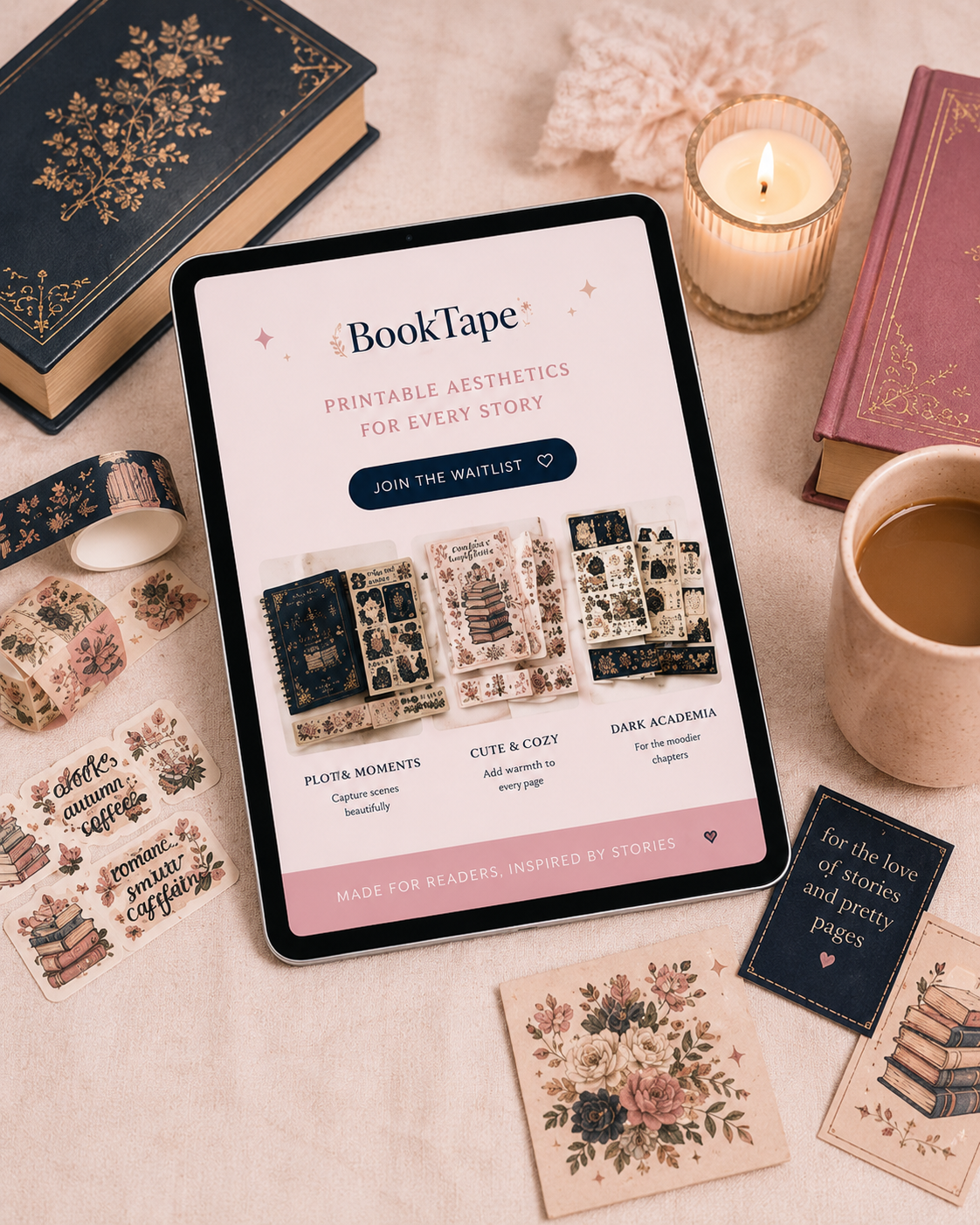 BookTape app and printable reading journal kits styled with books, stationery, candles, and coffee on a pink desk.