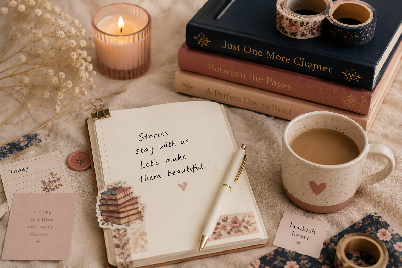 Cozy reading journal setup with books, candles, coffee, washi tape, and handwritten journaling notes.