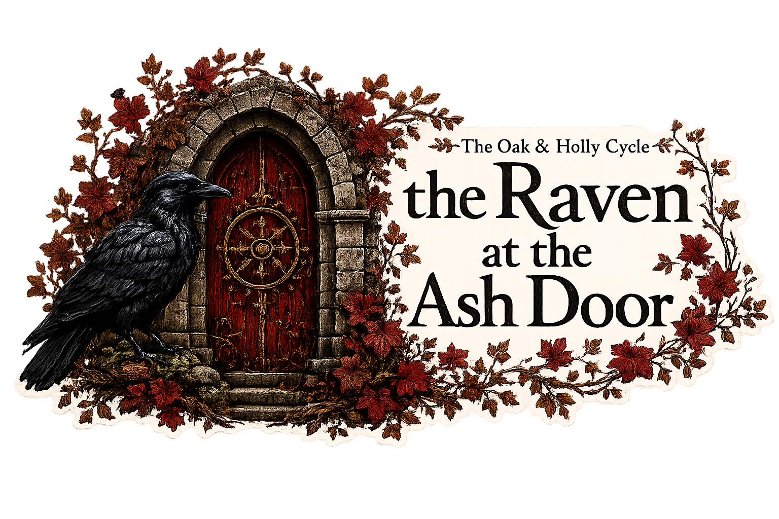 The Raven at the Ash Door book journal kit title graphic featuring a raven, red door, autumn leaves, and gothic fantasy artwork.