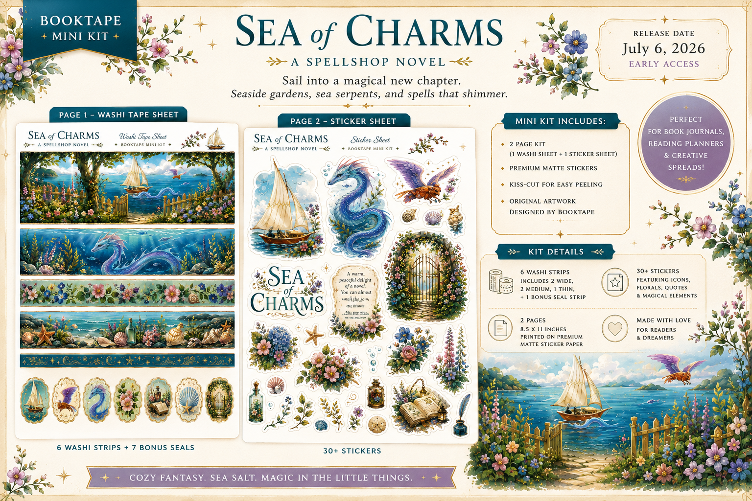 Sea of Charms Mini Kit | Printable Book Journal Stickers & Washi Tape | Cozy Fantasy Reading Journal Kit