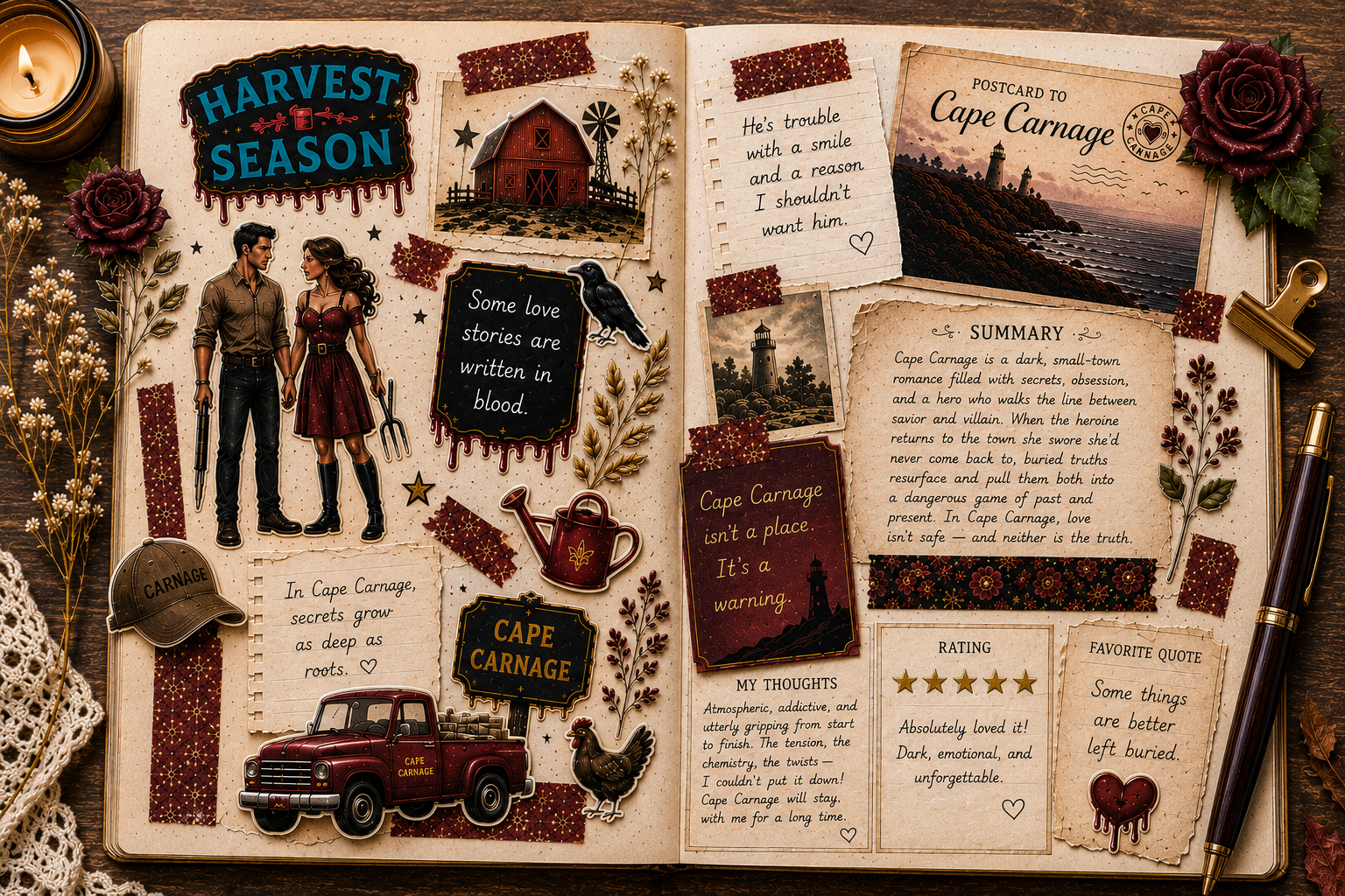 Completed Harvest Season reading journal spread featuring Cape Carnage-inspired stickers, postcard ephemera, summary section, reader review, favorite quote, and decorative farm-themed elements.