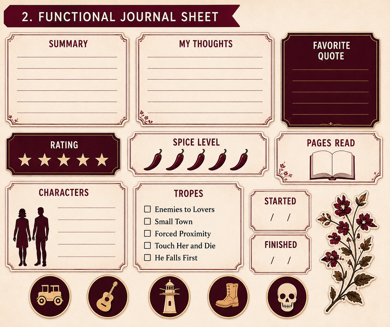 Harvest Season reading journal page with summary box, my thoughts section, star rating tracker, trope checklist, favorite quote box, and reading progress tracker.
