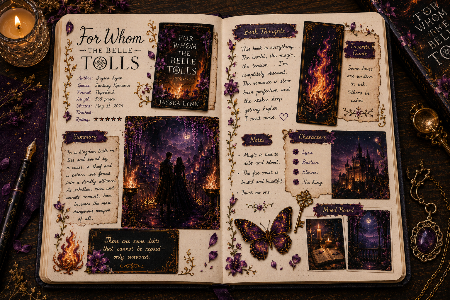 Fantasy reading journal spread with purple and gold scrapbook journaling, printable book stickers, candles, and cozy fantasy book aesthetics.