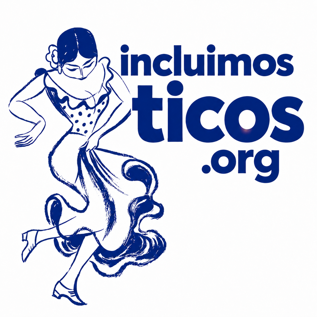 An illustration of a woman in a polka dot top holding a flowing skirt, with the text "inclumos ticos.org" next to her, all in blue on a white background.