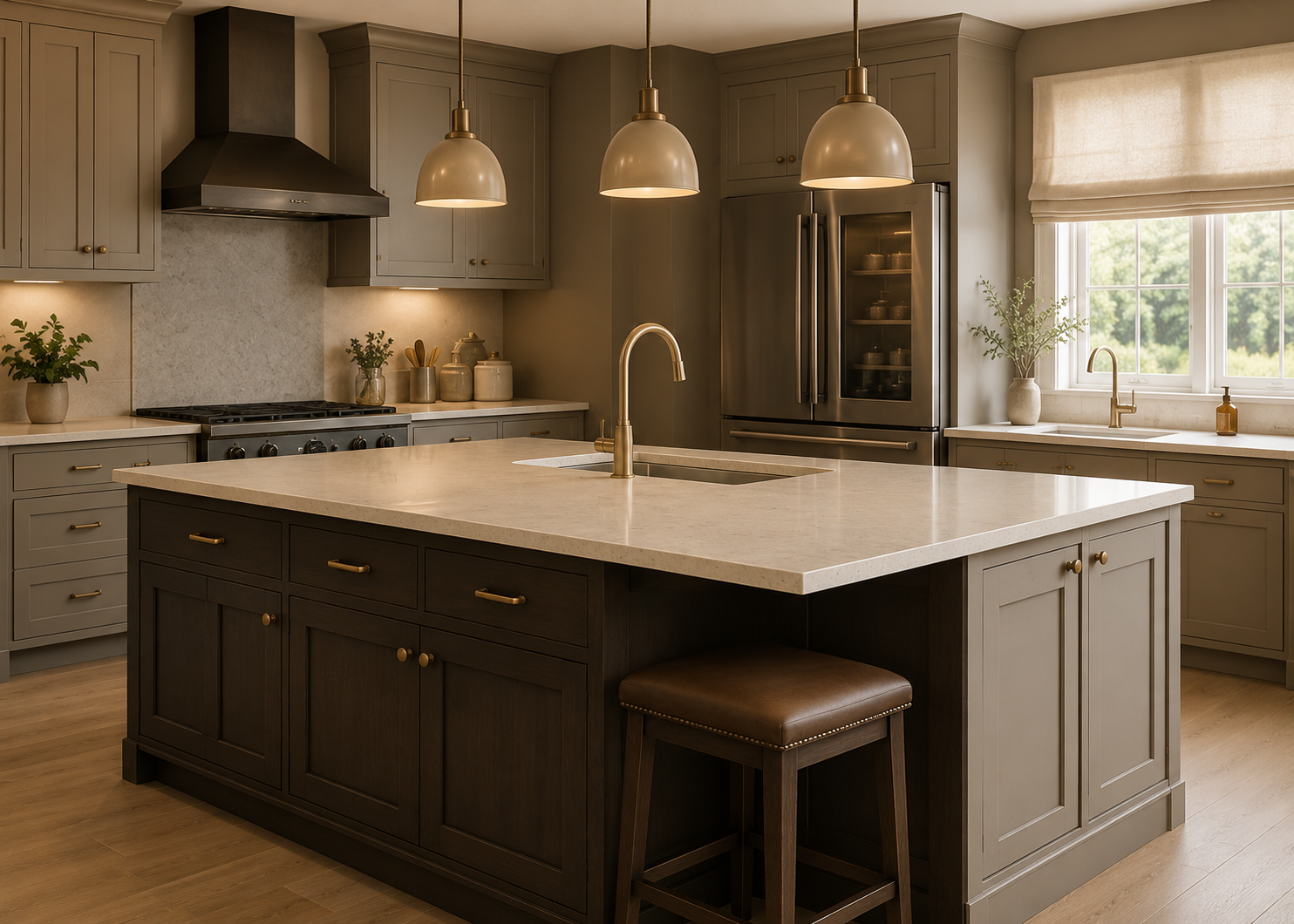 A modern kitchen with gray cabinetry, a large central island with a beige countertop, a four-burner stove with an exhaust hood, stainless steel refrigerator, and natural light streaming through a window.