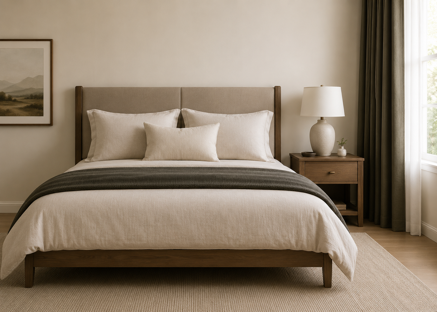 A neatly made bed with beige bedding, three white pillows, and a dark gray throw blanket in a bright bedroom with beige walls, a wooden nightstand with a white lamp, a small plant, and a window with curtains.