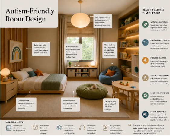 Room designed for autism-friendly needs with soft lighting, natural light, open shelving, and soft, rounded furniture. Features include calming colors, low bed height, sensory soft palette, defined activity zones, and safety accents.