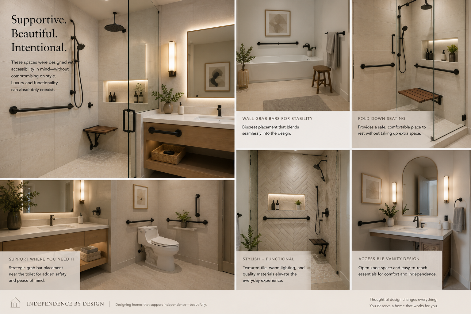 A collage of bathroom images highlighting accessibility features: wall grab bars, fold-down seating, support near toilet, textured tile with warm lighting, and accessible vanity design with open knee space.