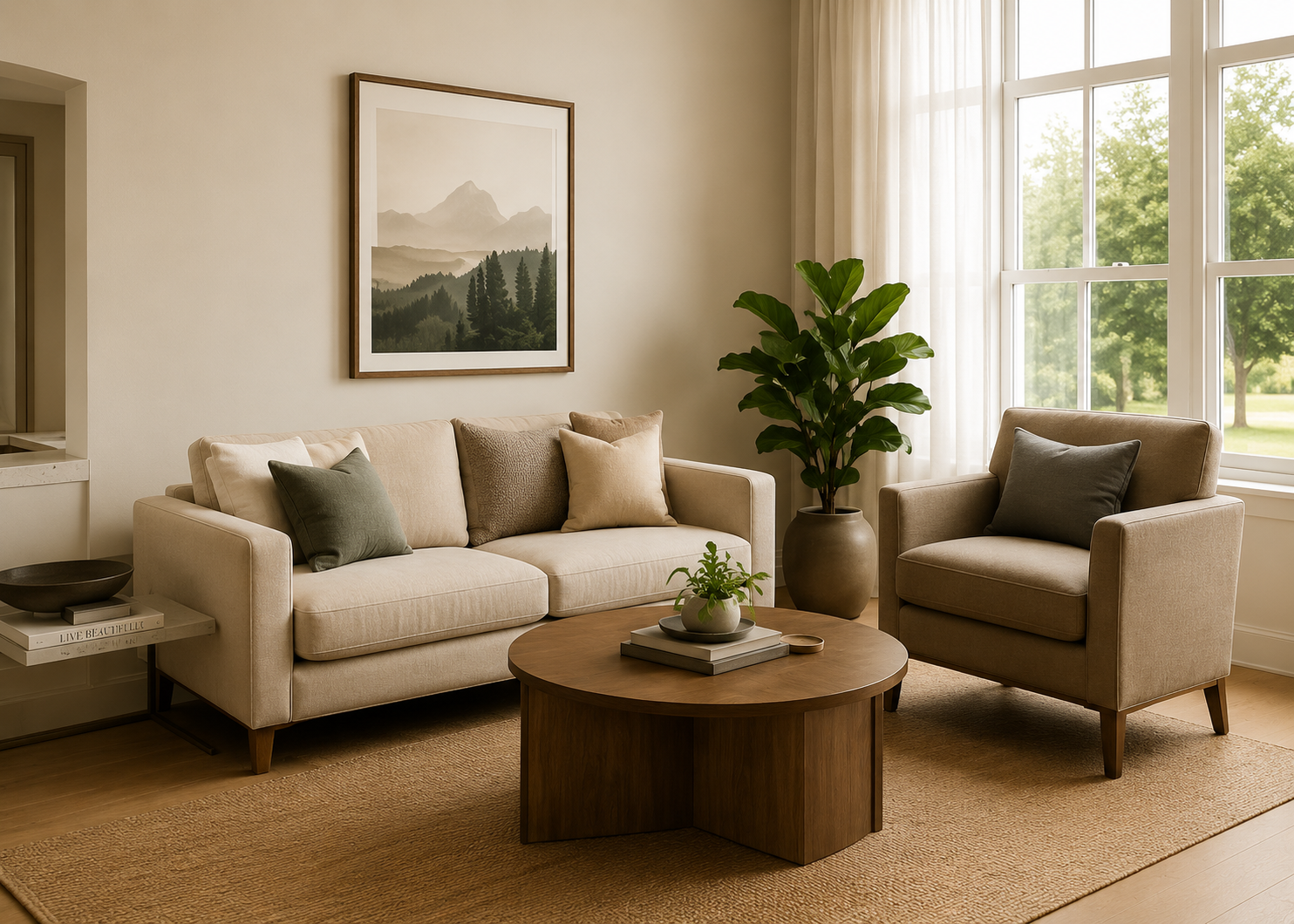 Living room with beige sofa and armchair, wooden coffee table, indoor plants, wall art, large windows with cream curtains, and decorative pillows.
