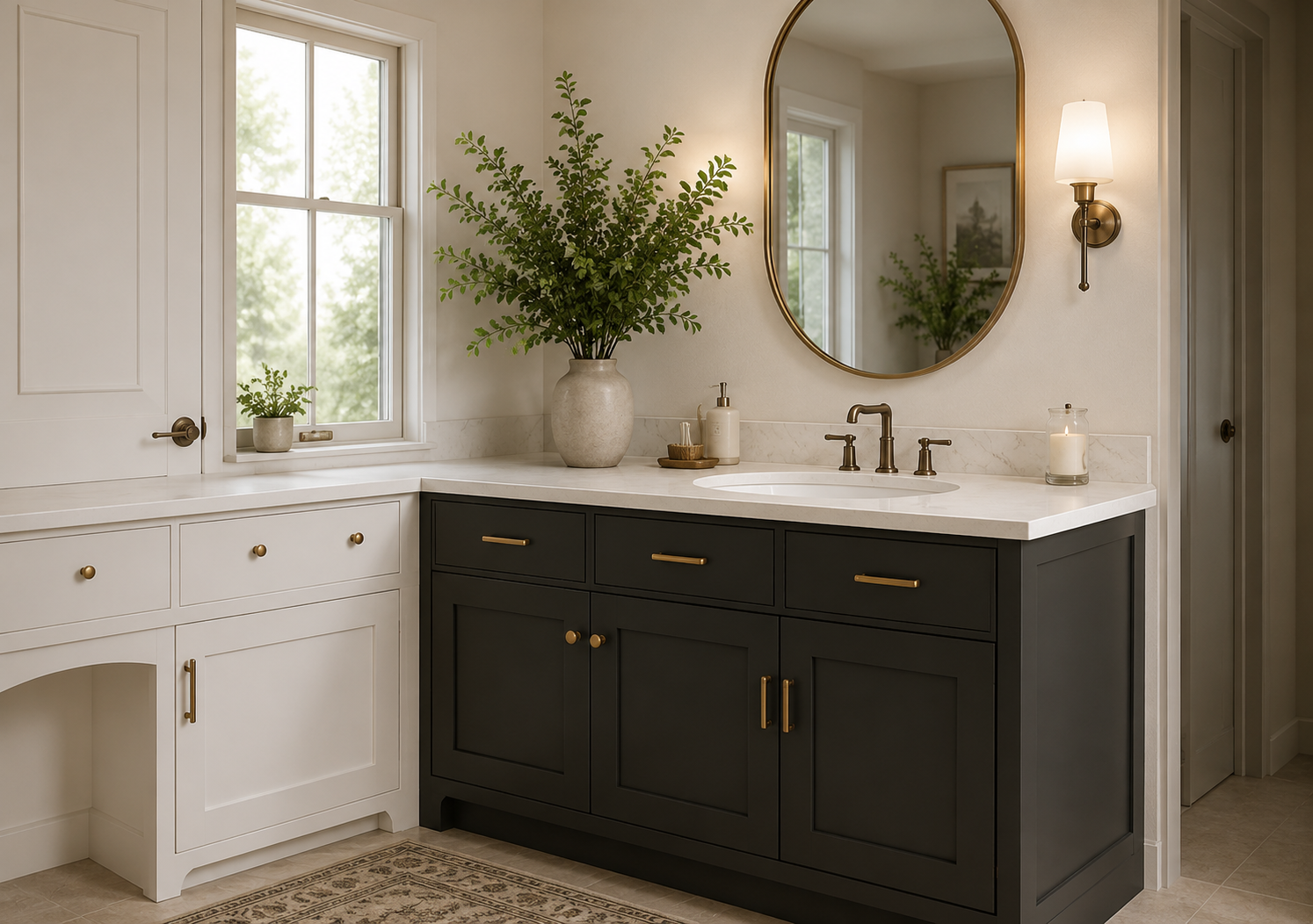 Bathroom vanity with dark cabinetry, white marble countertop, oval mirror, wall-mounted light fixture, large potted plant, smaller potted plant on windowsill, soap dispenser, candles, and decorative items.