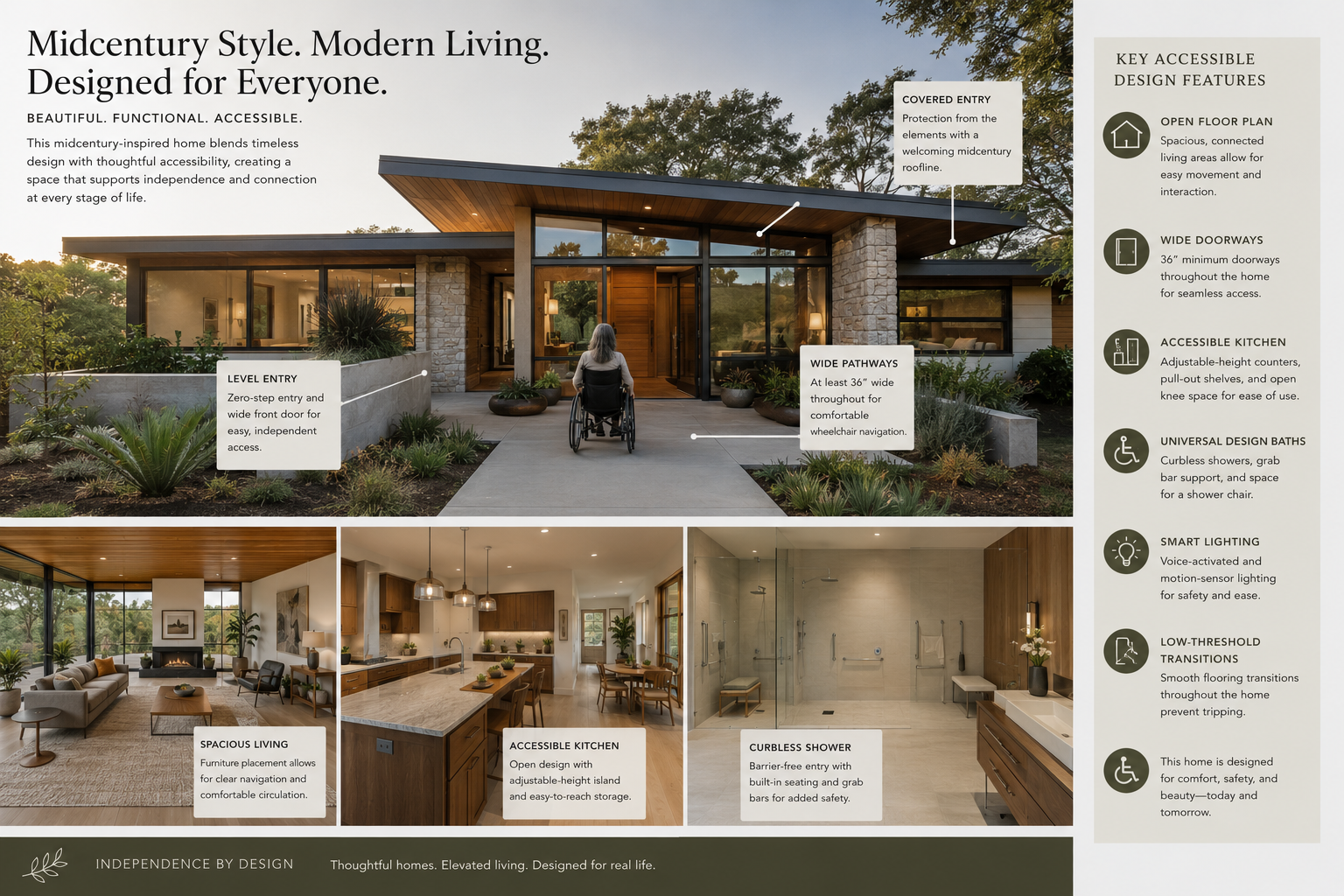 A modern, midcentury-style home with a person in a wheelchair entering through a wide, accessible front porch. The house features large windows, a sleek roof, and landscaped surroundings. The interior showcases a spacious living room with furniture, an open kitchen with an island, and a bathroom with a curbless shower, emphasizing accessibility features.