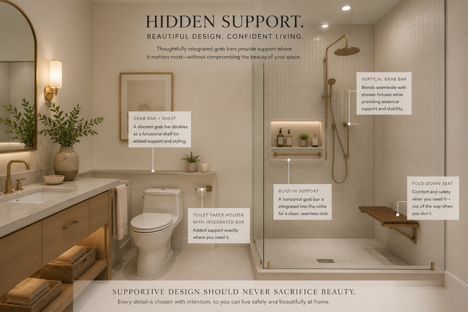 A modern bathroom featuring a vanity with a marble countertop, a large mirror, and a plant. The toilet has a built-in support and a paper holder. The shower area has a vertical grab bar, a built-in niche with bottles and a plant, a horizontal grab bar, and a fold-down seat. Text overlays highlight various support features and their functions.