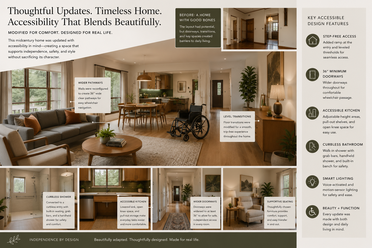 A flyer showcasing accessible home features, including wider pathways, level transitions, accessible kitchen, curbless bathroom, smart lighting, and supportive seating, with images of a living room, kitchen, bathroom, and entryway.
