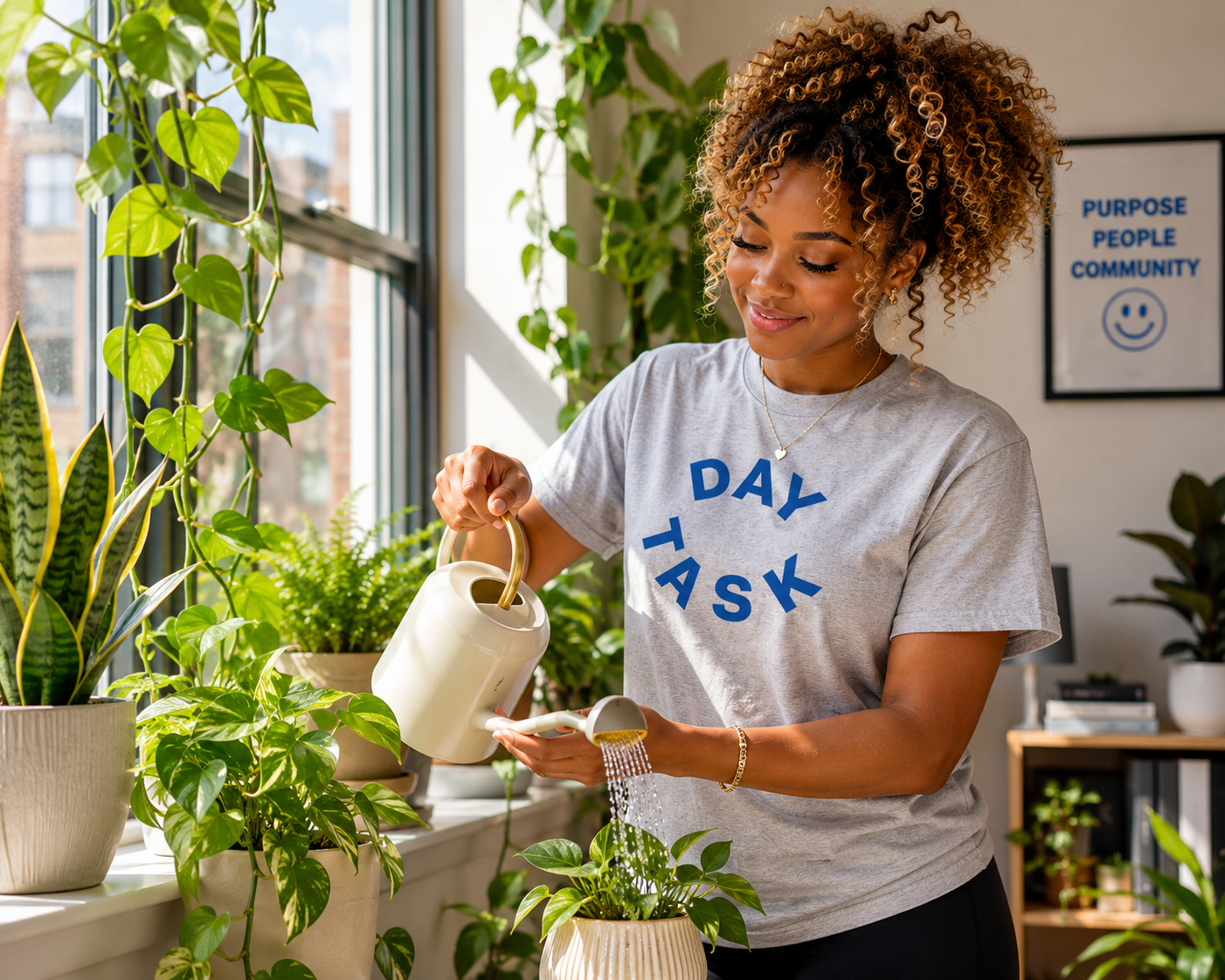 A young woman watering plants on a windowsill in a bright room with green houseplants and a picture on the wall that says 'Purpose, People, Community' with a smiley face.