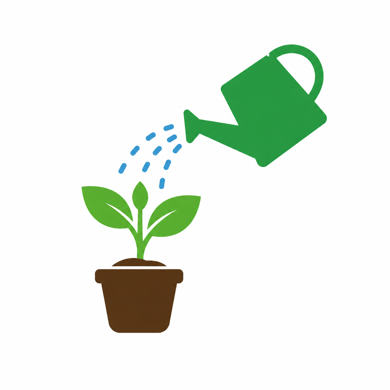 Green watering can watering a young plant with green leaves in a brown pot.