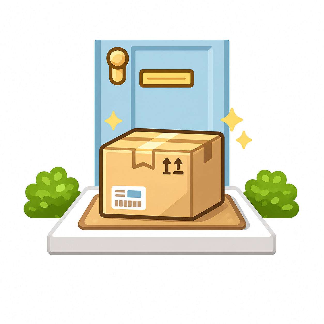 A cartoon illustration of a delivered package on a white surface in front of a blue door, with bushes on both sides, and sparkles around it.