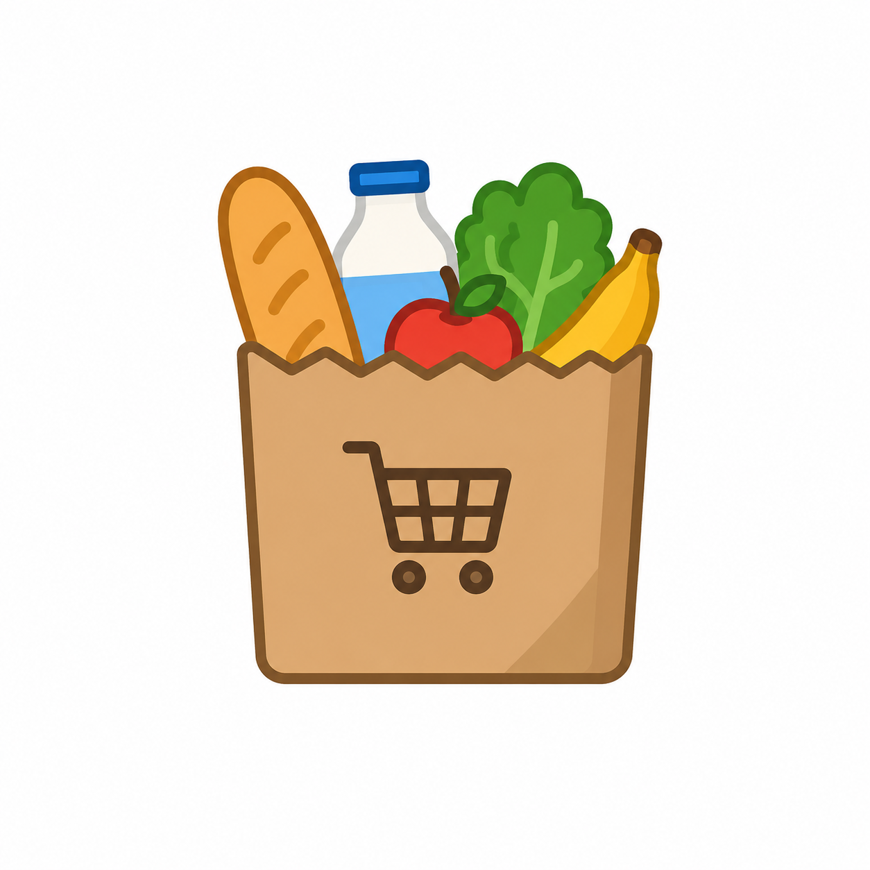 Illustration of a paper grocery bag filled with a baguette, milk bottle, lettuce, apple, and banana, featuring a shopping cart icon on the bag.