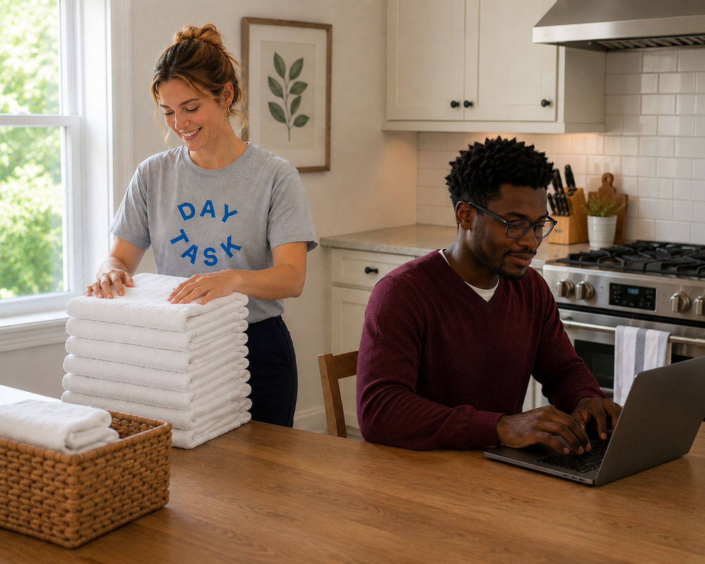 A woman folding towels and a man working on a laptop at a kitchen table.