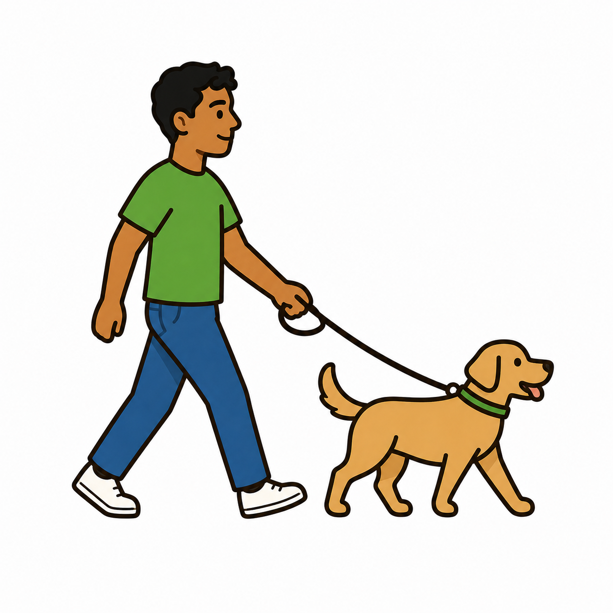 A young man walking a golden retriever dog on a leash.