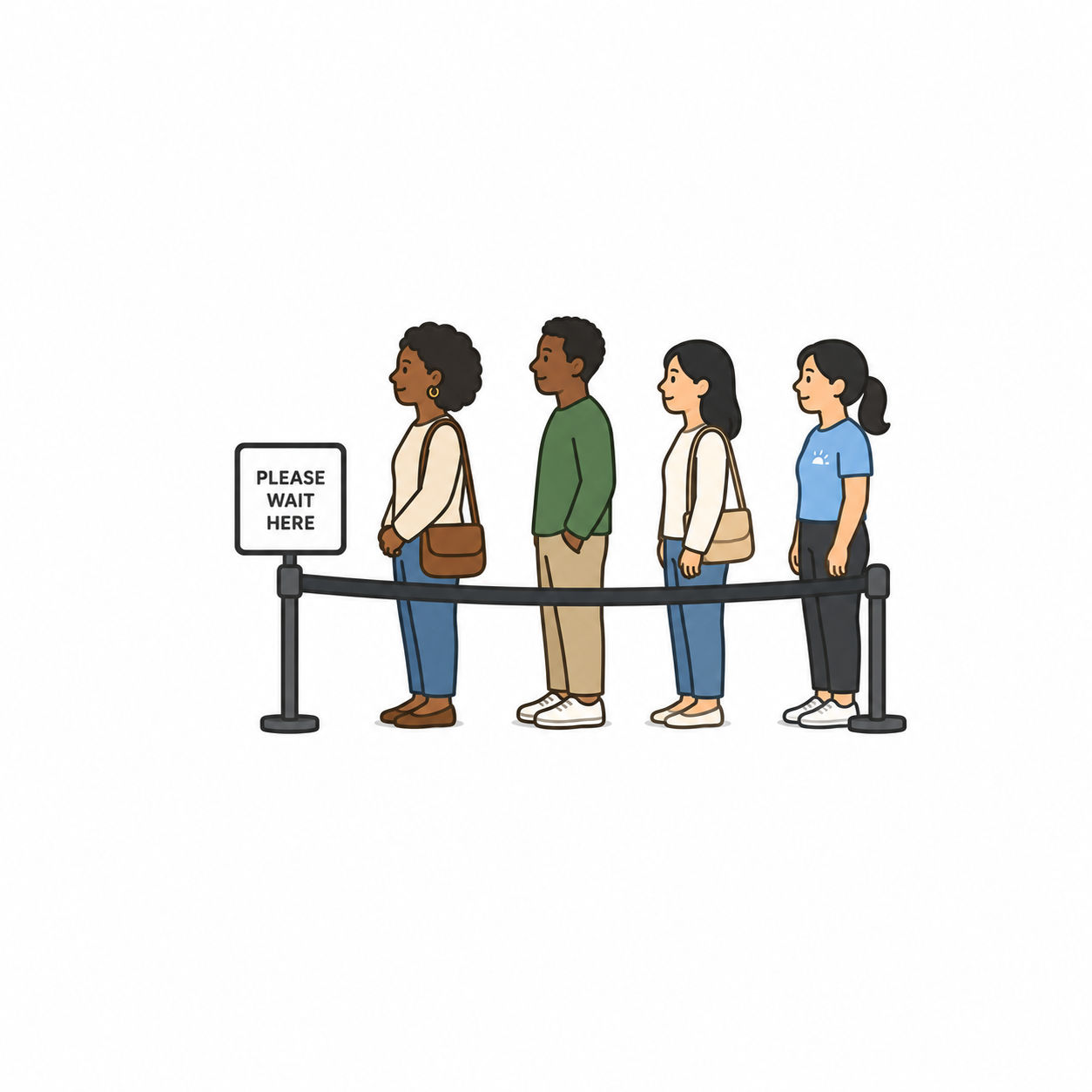 Four people standing in a line behind a barrier with a sign that says 'Please Wait Here'.