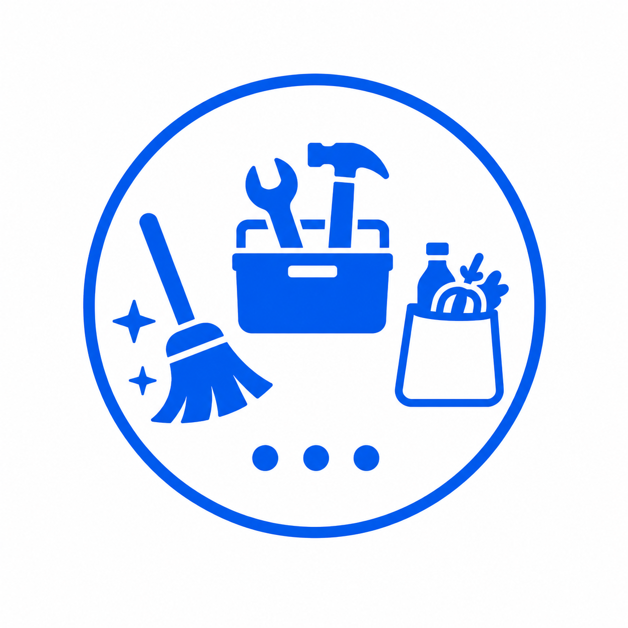 Cleaning supplies icon including a mop, a toolbox with hand tools, and a shopping bag with cleaning products inside, all in blue.