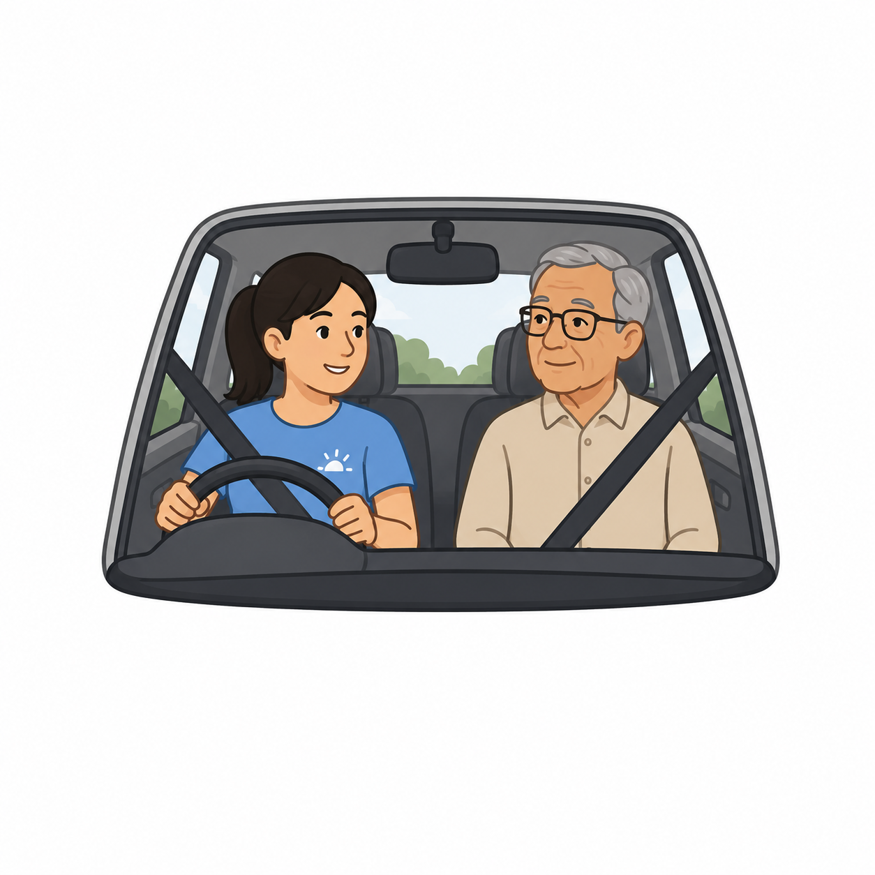 A young woman with dark hair driving a car, talking to an older man with gray hair and glasses, sitting in the passenger seat.