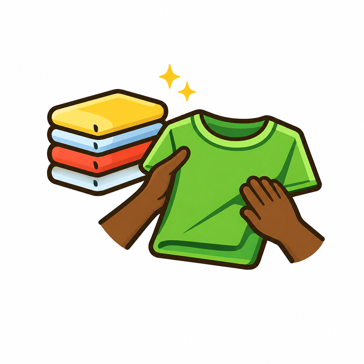 Hands holding a green t-shirt, with a stack of folded clothes nearby, on a white background.