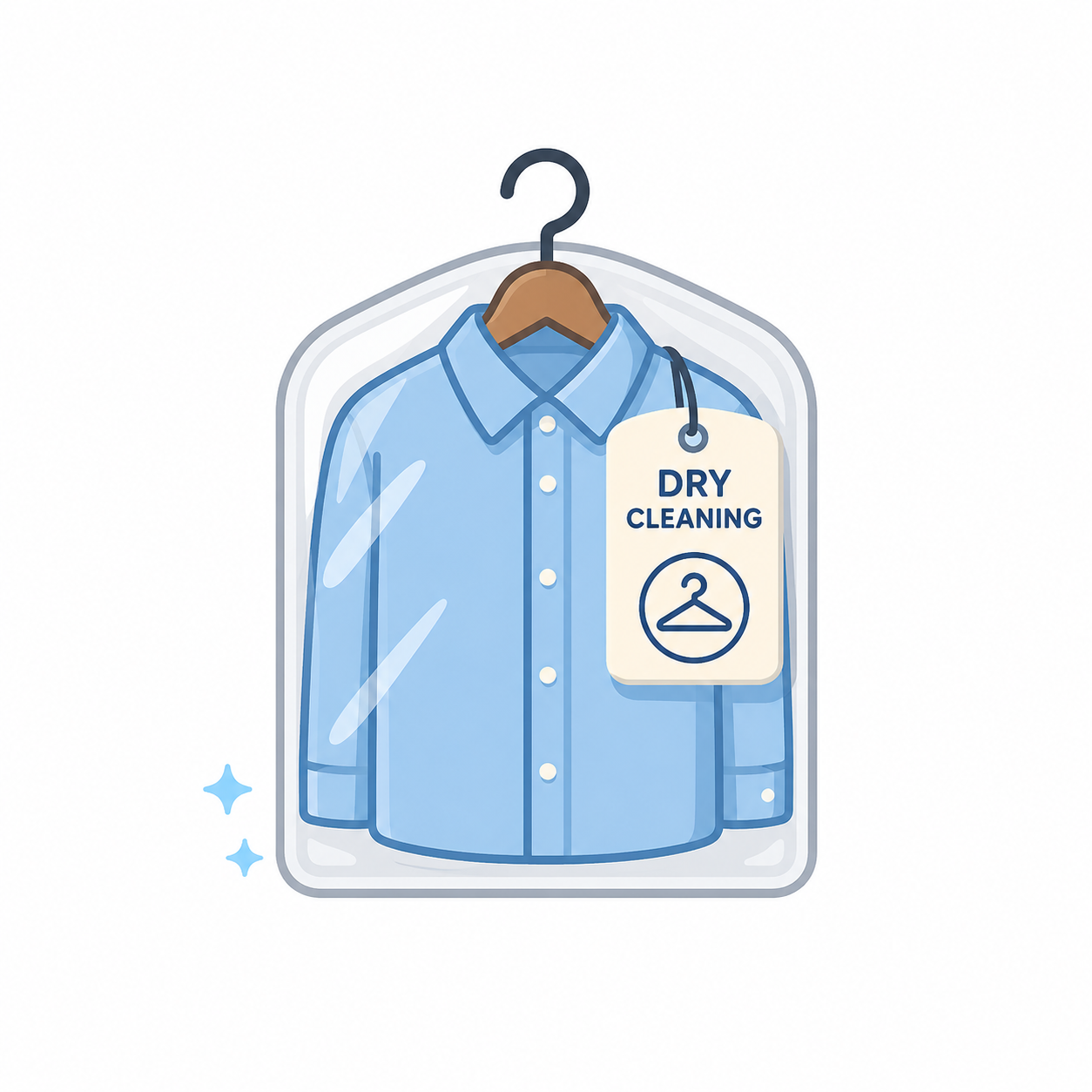 Blue dress shirt hanging with a tag that reads "Dry Cleaning" and a hanger icon.