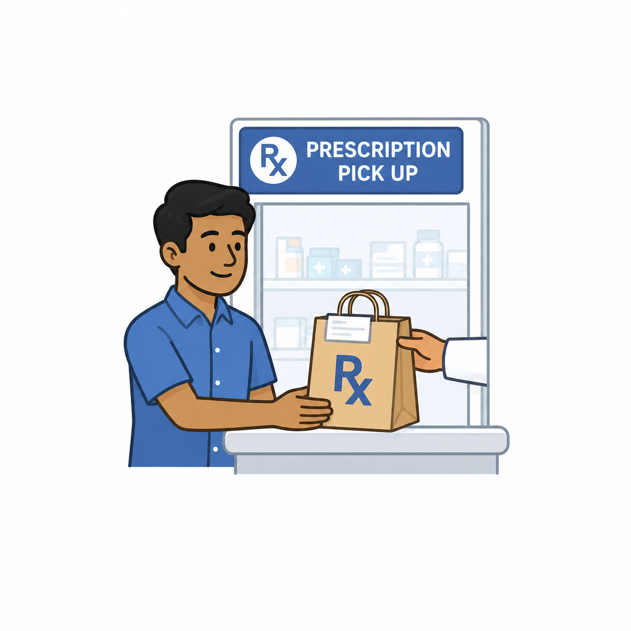 A man at a pharmacy counter receiving a prescription bag labeled 'Rx' with another hand handing over the bag.