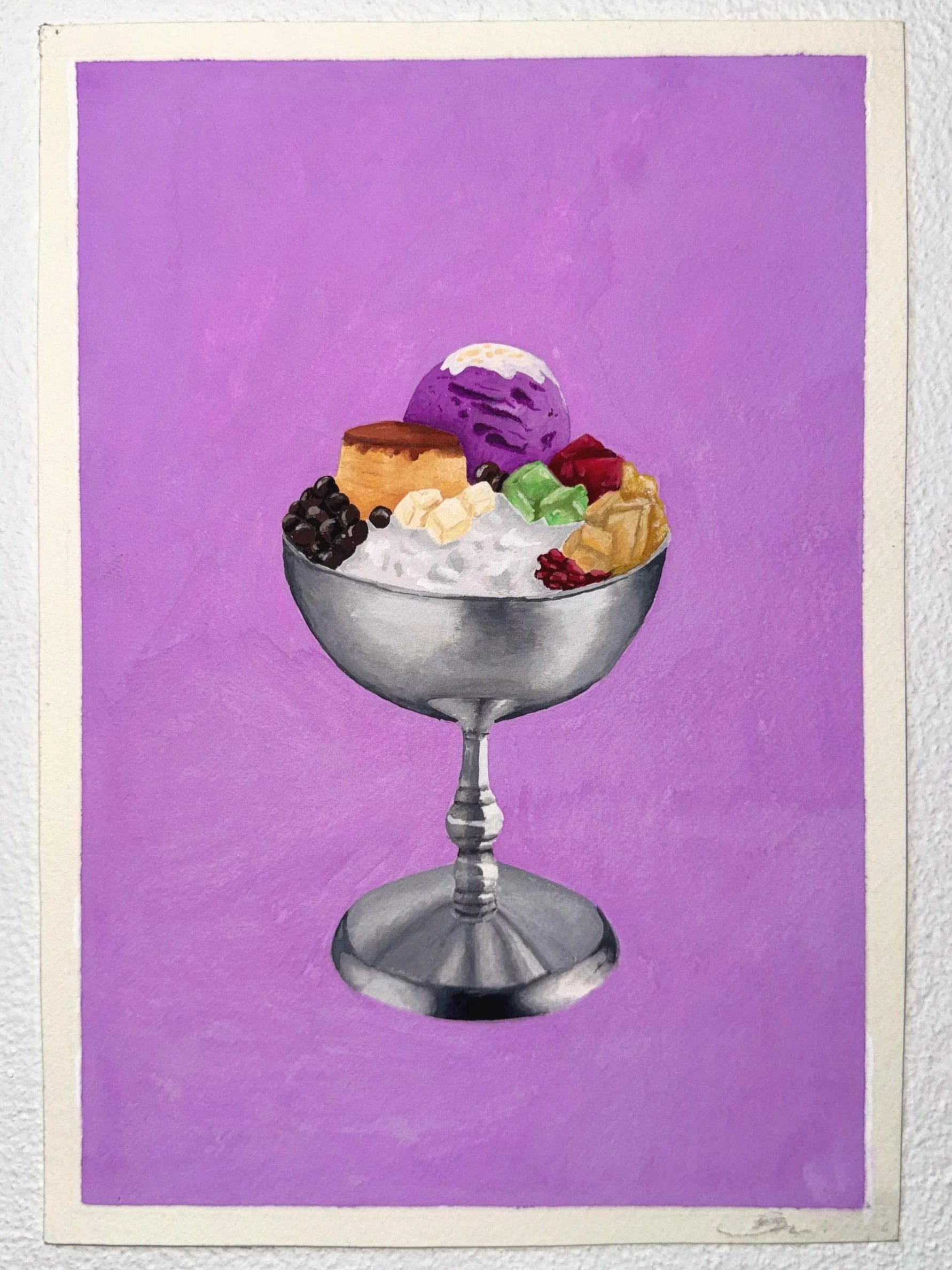 Painting of a halo-halo dessert in a silver goblet against a purple background.