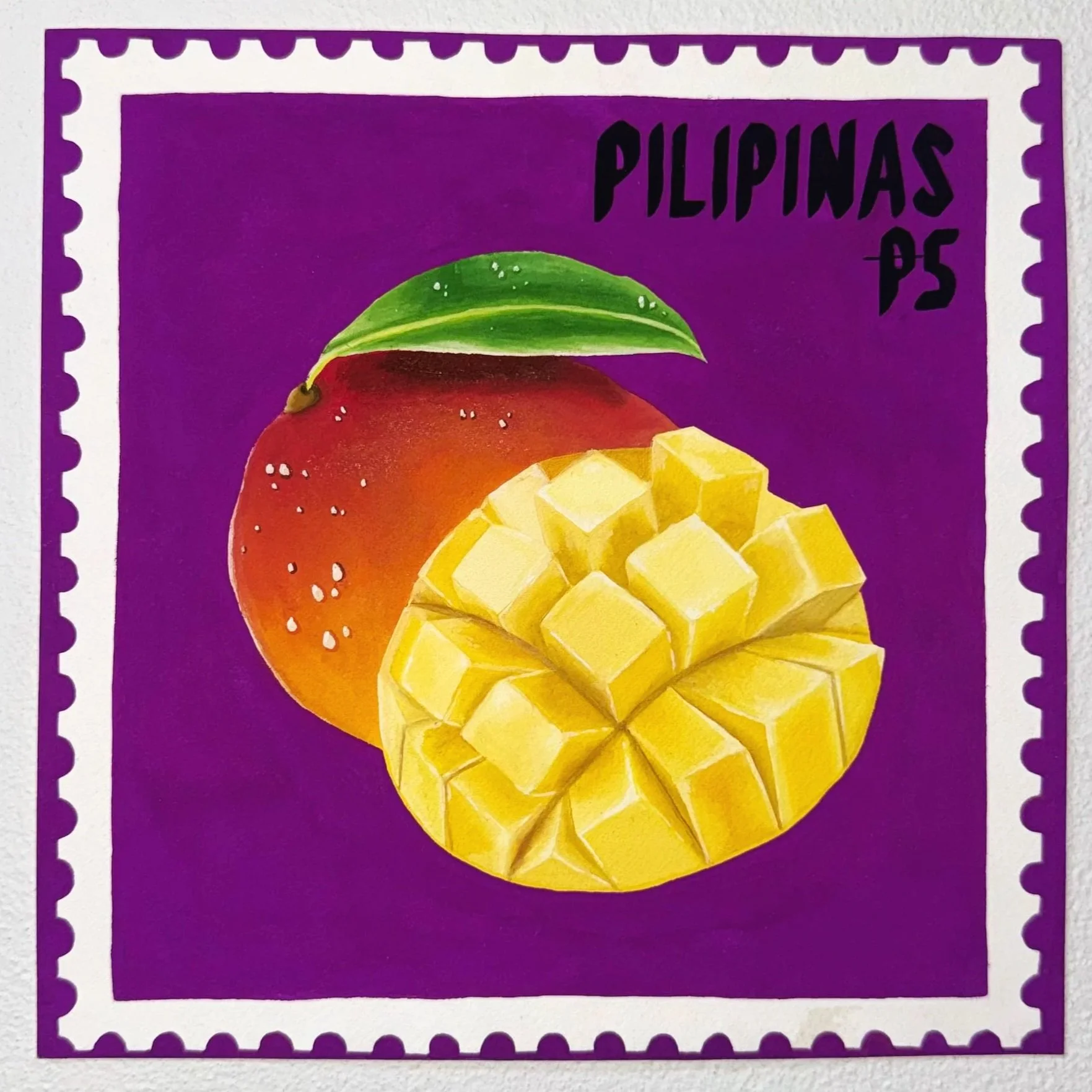 Close-up of a purple postage stamp featuring a mango with a green leaf on a purple background and the text 'PILIPINAS P5' in the top right corner.