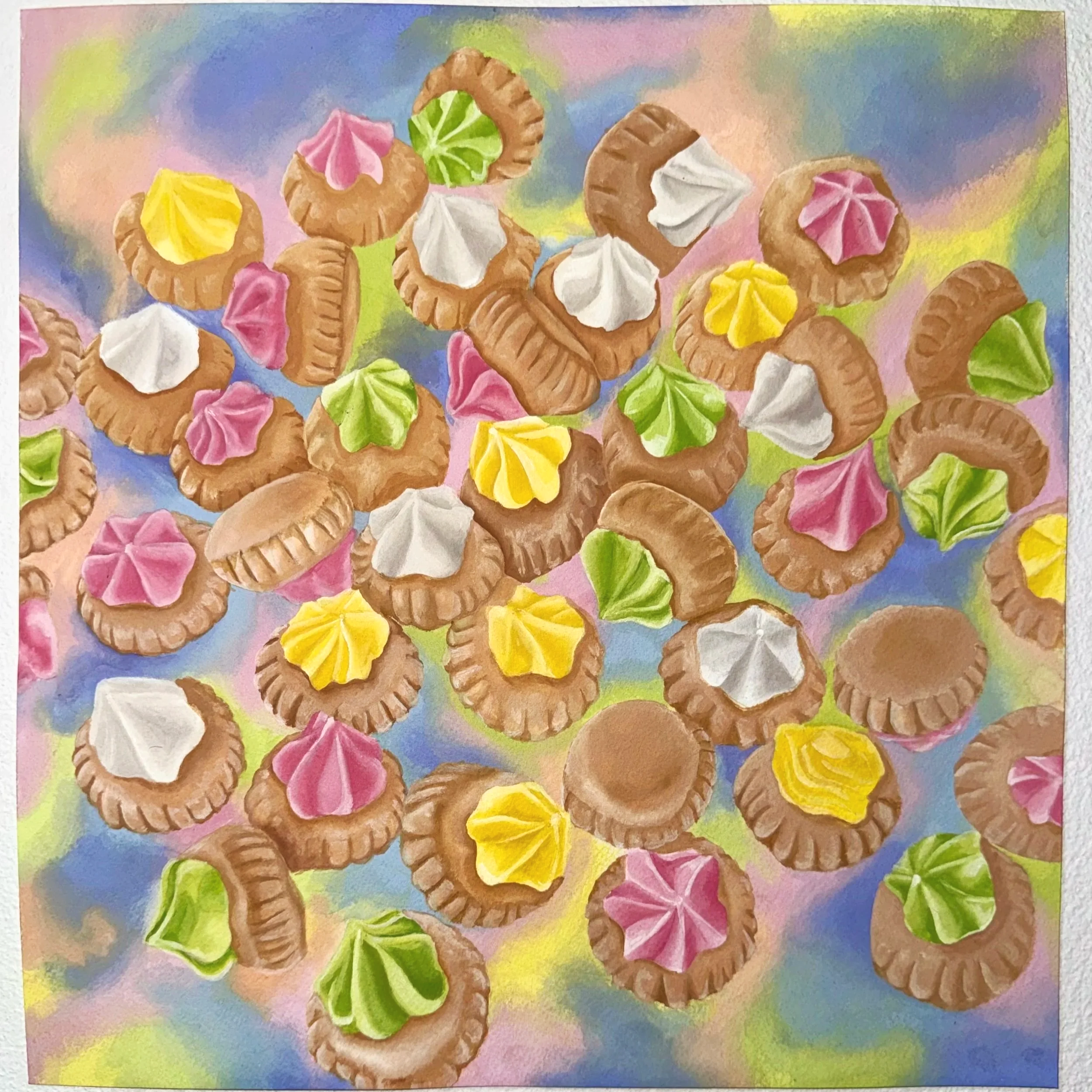 Colorful painting of assorted cookies with various colored frosting, set against a pastel background. Iced gems biscuits