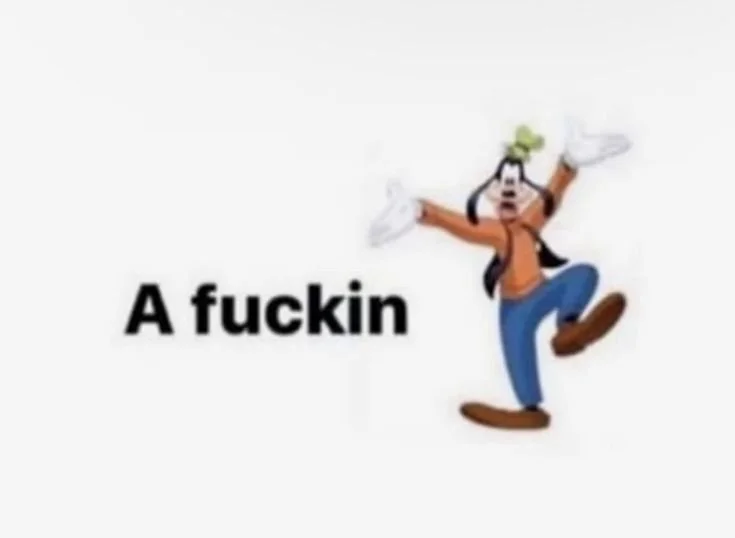 Animated cartoon of a chef with black hair, white hat, orange shirt, blue pants, and brown shoes, holding a tray in each hand, with the text 'A fuckin'.
