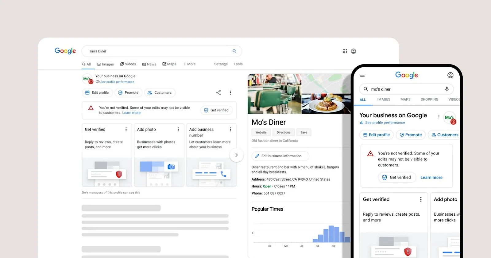 Screenshots of a Google profile page for a business named Mo's Diner displayed on a computer and a smartphone, showing business information and verification status.