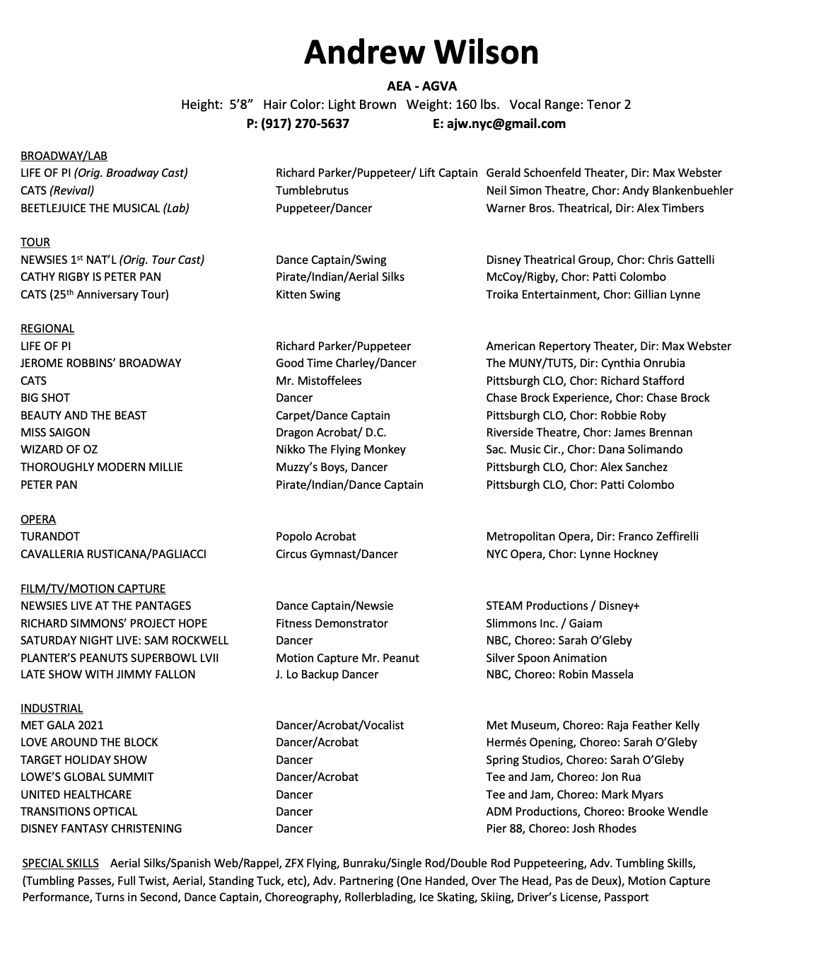 A resume for Andrew Wilson, including personal details, contact information, and a list of theatrical, musical, and choreographed performances across Broadway, regional, opera, film, industrial, and special skills categories.