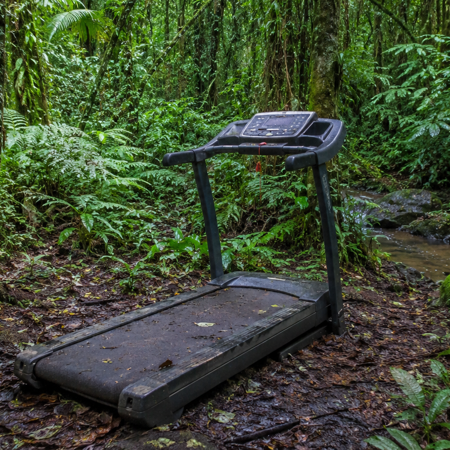 An old treadmill on a muddy forest trail surrounded by lush green foliage and a small stream.
