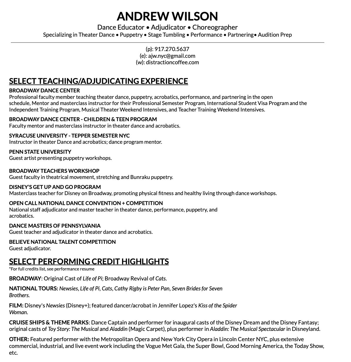Resume of Andrew Wilson, a dance educator and choreographer, listing teaching experiences, performances, and credits in theater dance, puppetry, acrobatics, and related fields.