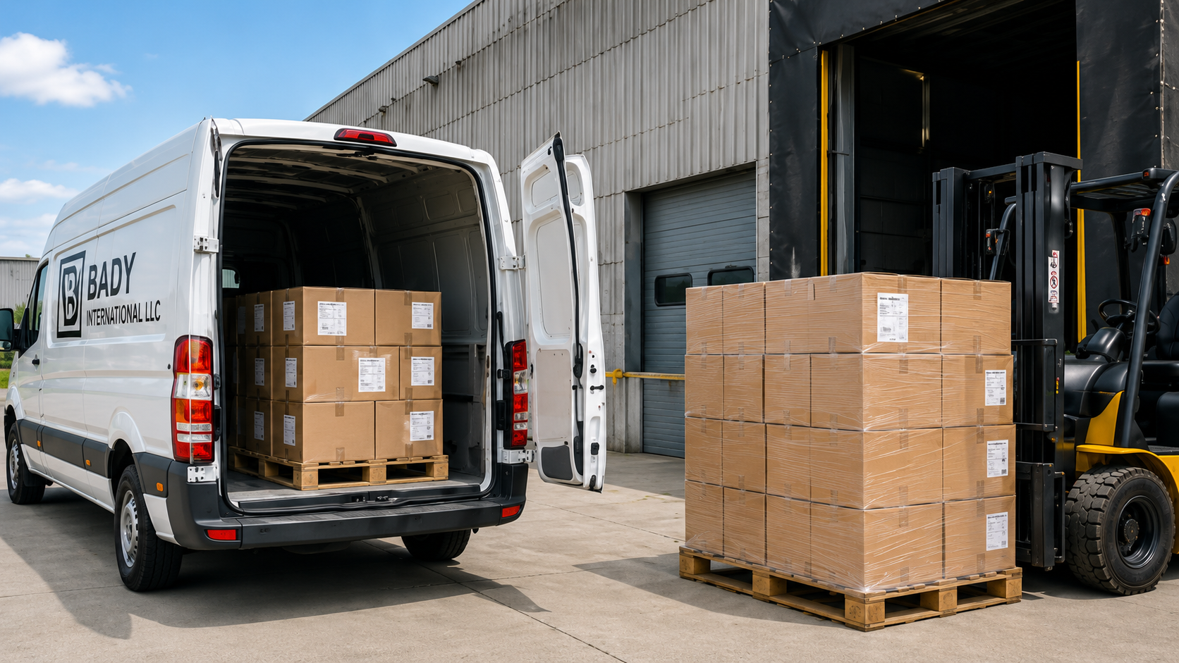 Bady International LLC cargo van loading freight outside warehouse