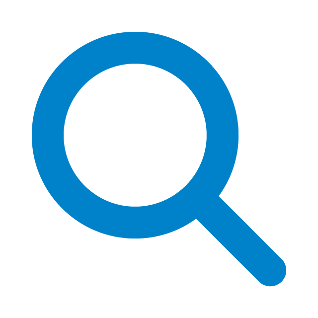Blue magnifying glass icon on a black background.