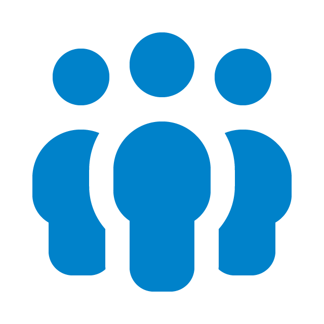 Blue icon of a group of five people connected together.