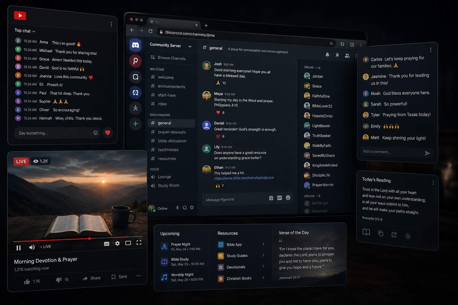 Multiple digital screens showing a YouTube live stream titled "Morning Devotion & Prayer" with a mountain landscape and sunrise in the video thumbnail. Various chat windows feature messages of encouragement and prayers. Additional sections show upcoming events, resources like Bible app and study guides, and a verse of the day from Jeremiah 29:11.